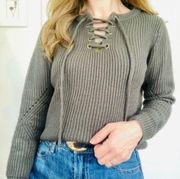 Gray Lace Up Sweater Soft Mohair Dark Minimalist Neutral Boho