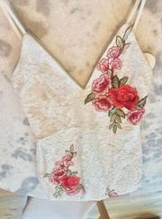 LUXXEL White Lace Dress With Embroidered Roses SMALL​​​​​​​​​​​​