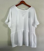 🦋 NWT Boohoo White Flowy Short Ruffle Sleeve T-Shirt Blouse Cross Back Size 16