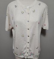 Jaclyn Smith ivory floral knit short sleeve cardigan size medium