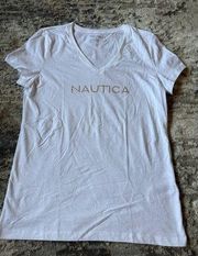 New Nautica Ladies' Short Sleeve Gold Studded V-Neck T-Shirt Size Small White