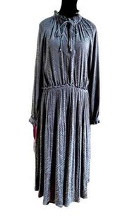 Gray Pleated Long Sleeve Midi Dress with Subtle Zebra Size Large