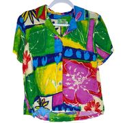 Jams World Women's Multi-Colored Bright Button Front Short Sleeve Blouse Small