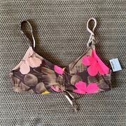 Womens L Ribbed Scoop Bikini Top Cinch Front Tropical Floral Brown Pink