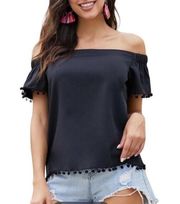 Willow & Clay Off The Shoulder Pom Pom Trim Top Relaxed Black Women’s Sz S