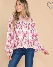 Aura Encourage Her Ivory Multi Floral Print Top Lace Yoke Ruffle Trim Pink M