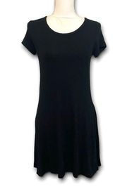 NWT Solid Black Short Sleeve Scoopneck Swing Dress Mini  Layering New