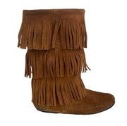 Minnetonka Brown Suede 3 Tiers Fringe Knee-High Hard Soled Moccasin Boots 9