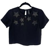 Design Lab  Women's Black Star Mesh Short Sleeve Cropped Top Size XS NWOT