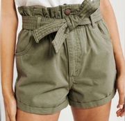 NWT A&F Abercrombie & Fitch Small High Waist Paper Bag Shorts Army Green Flawed