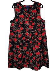 Corduroy Cottage Dress Karen Scott Size XL Floral Red Black Modest Midi Jumper