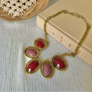 Vintage “Orianne” Pink Maroon Statement Necklace Oval Gold Pendant Y2K Rose