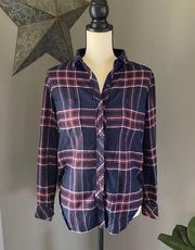 Athleta Button Down Plaid Shirt Navy Sz XS