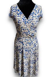 Woman’s 12 Faux Wrap Midi Dress Vintage Y2K Retro Abstract Print Blue