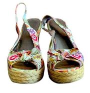 Moda White Green Pink Floral Wedge Heel Peep Toe Slingback Sandals Size 7 1/2