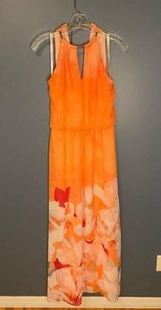 BISOU BISOU MICHELE BOHBOT HALTER KEYHOLE NECKLINE ORANGE FLORAL MAXI DRESS sz 4