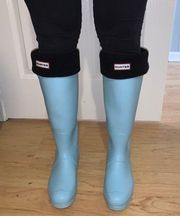 Original Tall Waterproof Rain baby blue matte Boot Size 8 + hunter socks