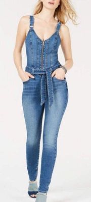 Kaia Denim Front Zip Corset Style Belted Overall Jumpsuit