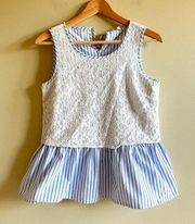 Pleione Blue Lace Overlay Striped Print Tank Top Tie Back Womens Size S