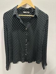 Kate Hill Women 8 Black Gold Polka Dot Silk Blouse Top Long Sleeve Button Shirt