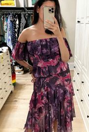 Misa Los Angeles Dalia Purple Floral Off Shoulder Midi Dress Small