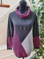 Chico's Women's Black Striped Cowl Neck Long Sleeve Pullover Sweater Size LP