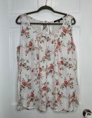 Floral Roses Keyhole Tie Back Top in White - 1X, Sleeveless, Lace