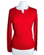 Laura scott Red Cable Knit Notched Scoop Neck Henley Style Pullover Sweater