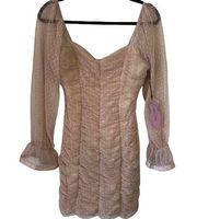 NWT Haute Monde Tan Sheer Tulle Polka Dot Ruched Dress Medium