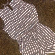 Zenana Beige & White Striped Jumpsuit with Pockets - size large