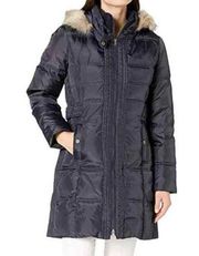 Larry Levine Navy Blue Faux Fur Trim Down Quilted Puffer Coat Removable Hood