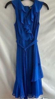 DKNY Ruffled Faux-Wrap Dress Women's‎ 4 Cobalt Back Zip Closure