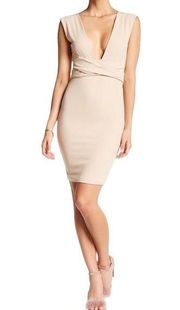 DANCE & MARVEL Plunging Deep Tie Back Bodycon mini dress NUDE beige SMALL