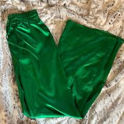 Green silky flare drawstring pants