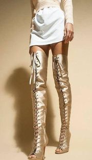 Gianvito Rossi Marie Neutral Gold Satin Lace Up Over-The-Knee Thigh High Boots