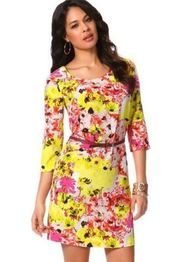 Daisy Fuentes Long Sleeve Floral Print Summer Midi Dress Yellow/Pink XSmall