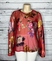 Ashley Stewart Size 18/20 Red - Shimmer Floral Print Keyhole Sheer Blouse Top