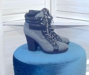 Juicy Couture gray wool & black vegan leather block heel ankle boots sz 8.5