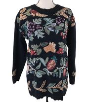 Vintage 90s  Embroidered Harvest Floral Black Sweater Ramie