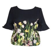 Victoria Beckham Black floral Print bell sleeve blouse 

size large