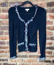 Cache Y2K Vintage Black Fringed Full Zip Cardigan Ribbed Sweater Women's Small