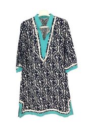 Escapada Living Tunic Shift 3/4 Sleeves Size Small Turquoise Black Damask Print