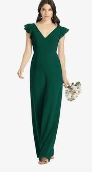 RUFFLED SLEEVE LOW V-BACK JUMPSUIT - ADELAIDE IN HUNTER GREEN$263