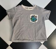 Terry Cloth Short Sleeve Striped T-Shirt Embroidered Patch Cropped sz Small