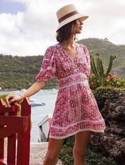 NEW Poupette St Barth Dress Floral Puff Sleeve Mini Dress Pink Size M