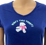 Delicates (L) Blue Who's Your Teddy? Embroidered Teddy Bear Tee Top Shirt V-Neck