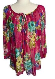 Charter Club Pleated Chiffon Top M Pink Floral Sheer Puff Sleeve Tie Neck