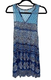 Ecote Womens Sleeveless Flowy Tunic Tank Patterned Mini Dress Blue S