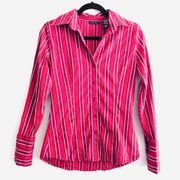 NY & Co. Shirt Button Down Red Metallic Striped XS