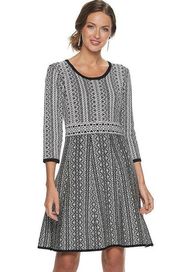 NWT  Print Fit & Flare Knit Sweater Dress Geometric New Black White